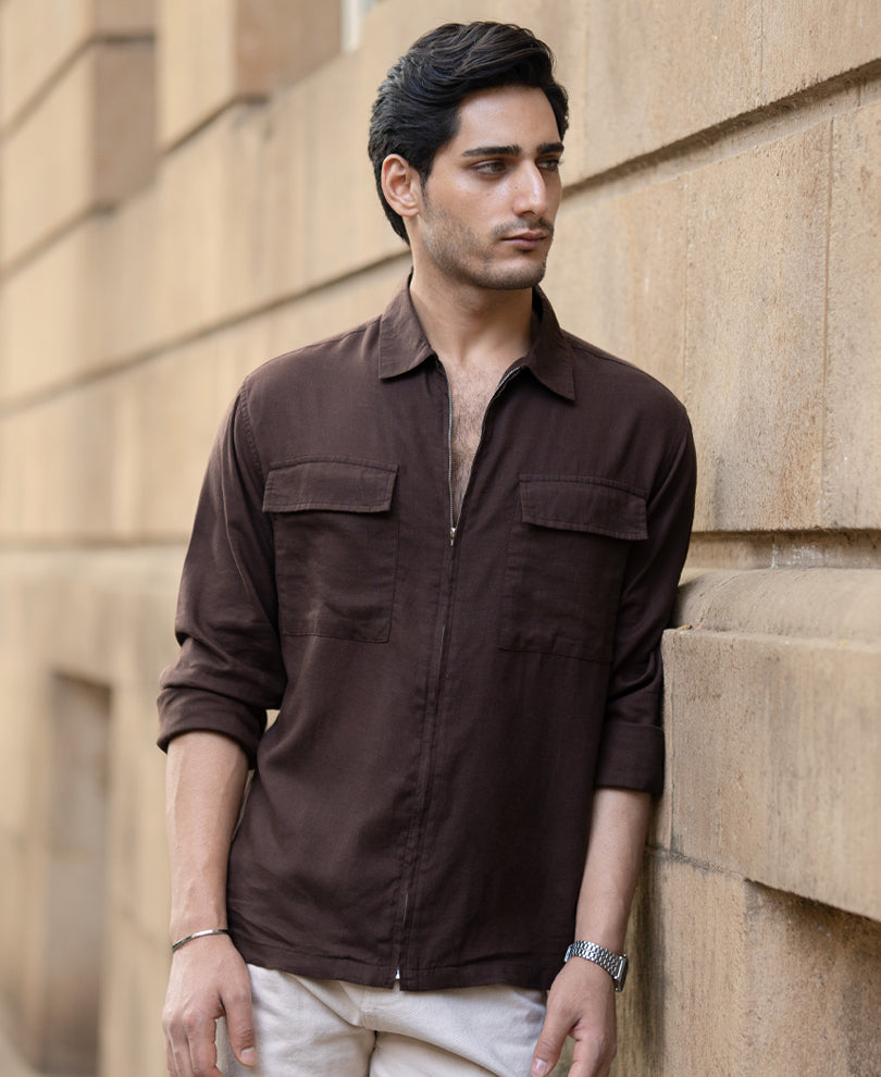Coffee Brown Linen Blend Zipper Shirt.