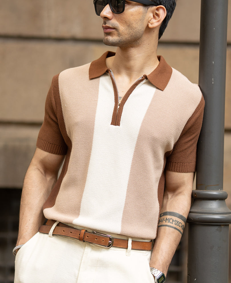 Beige & Brown Knit Stripe T-Shirt 100% Cotton