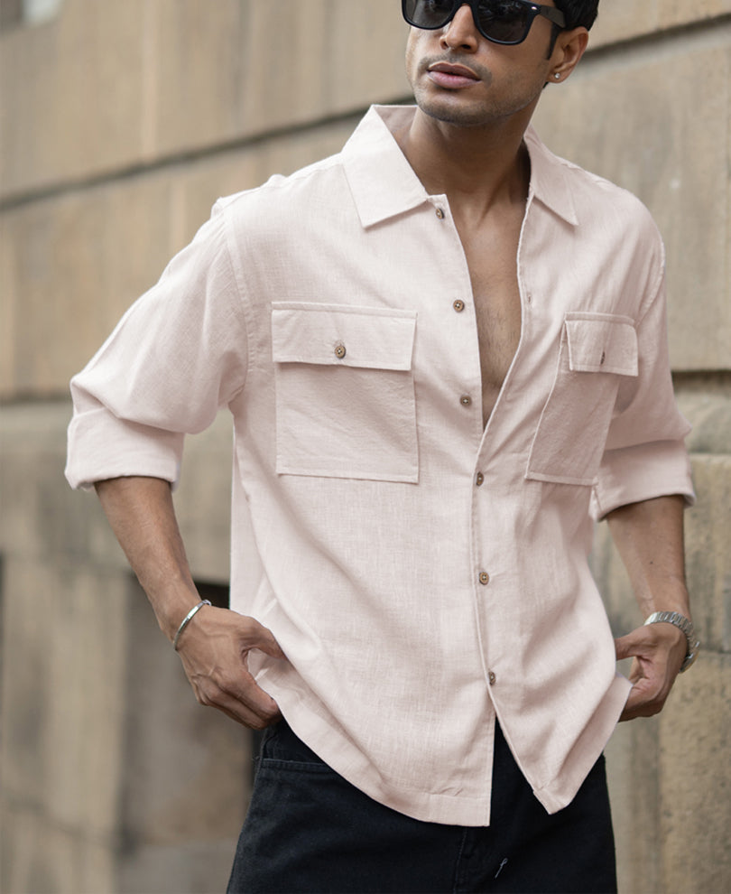 Cream Linen Double Pocket Shirt.
