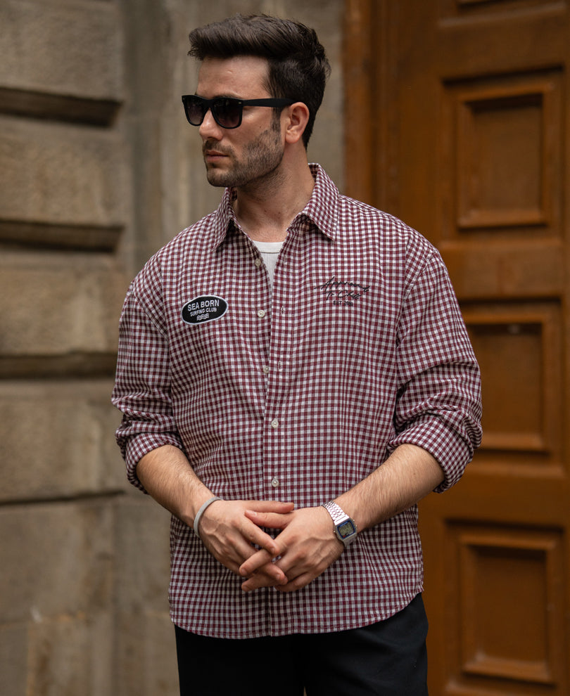 Wine Embroidered Micro Checks Shirt