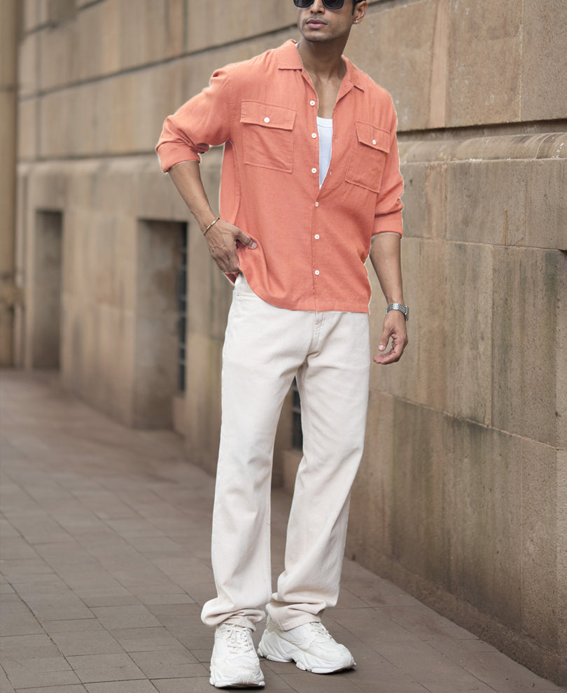 Peach Linen Double Pocket Shirt.