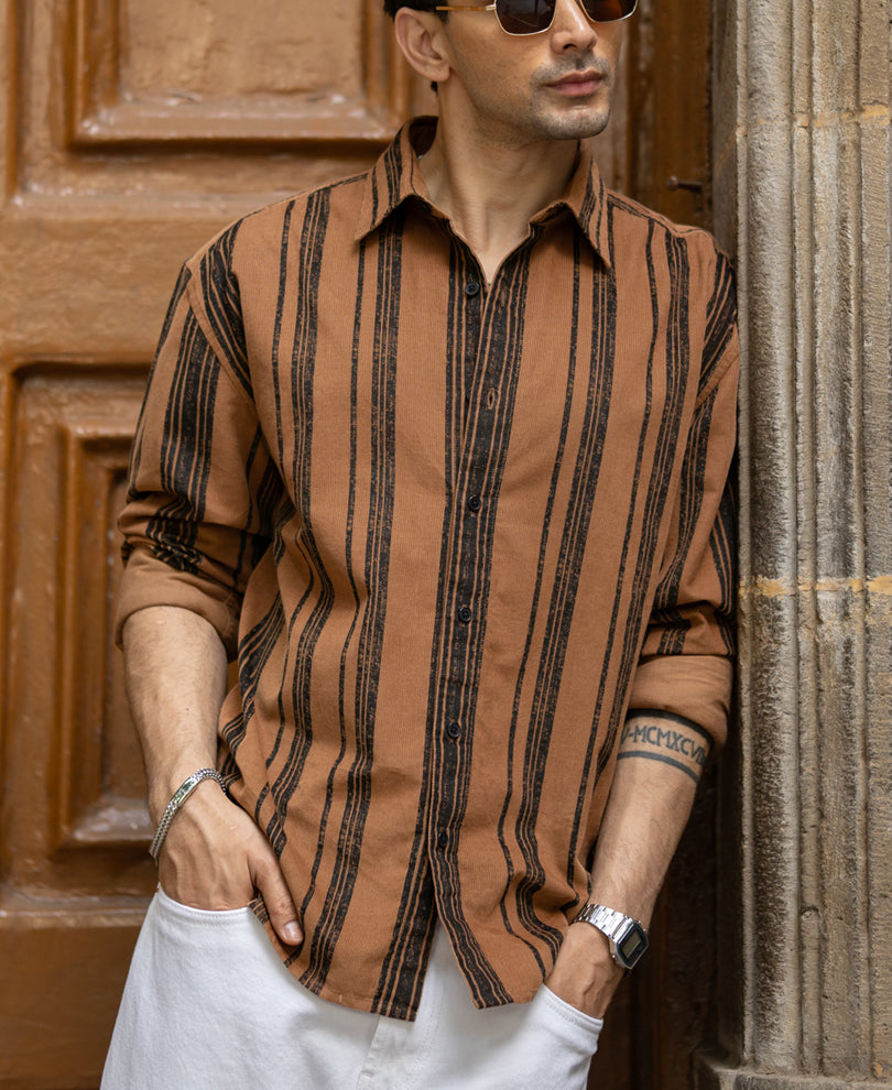 Light Brown Striped Corduroy Shirt.
