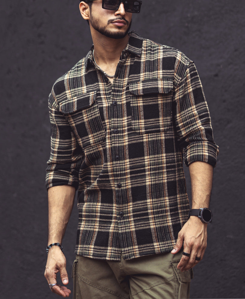 Multicolor Checks Double Pockets Oversize Drop Shoulder Shirt.