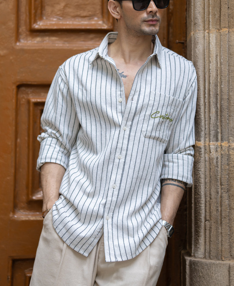 Beige Embroidered Stripe Shirt.