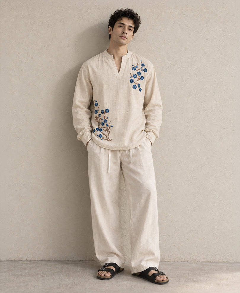 Natural Embroidered Striped Kurta Shirt
