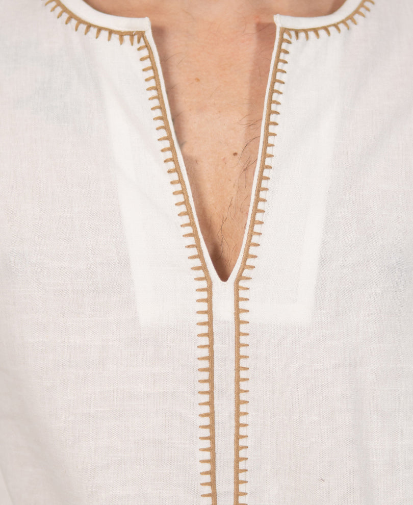 White Embroidered Linen Blend Kurta Shirt
