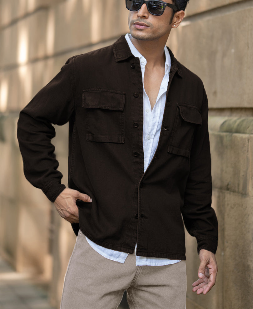 Dark Brown Double Pockets Denim Overshirt.