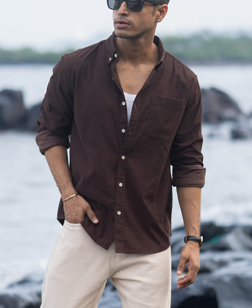 Coffee Corduroy Button Down Shirt.