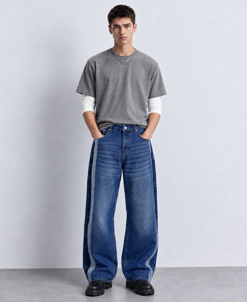 Blue Washed Paneled Denim Jeans