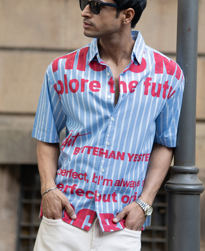 Blue Slogan Print Stripe Shirt.