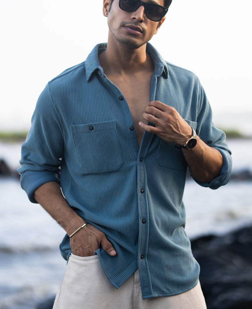 Grey Sky Knit Shirt With Pockets.