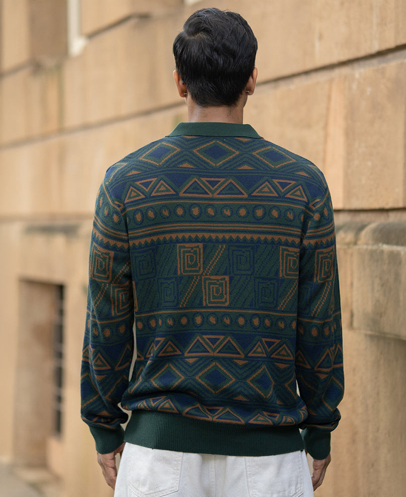 Multicolour Geometric Jacquard Knit T-Shirt 100% Cotton
