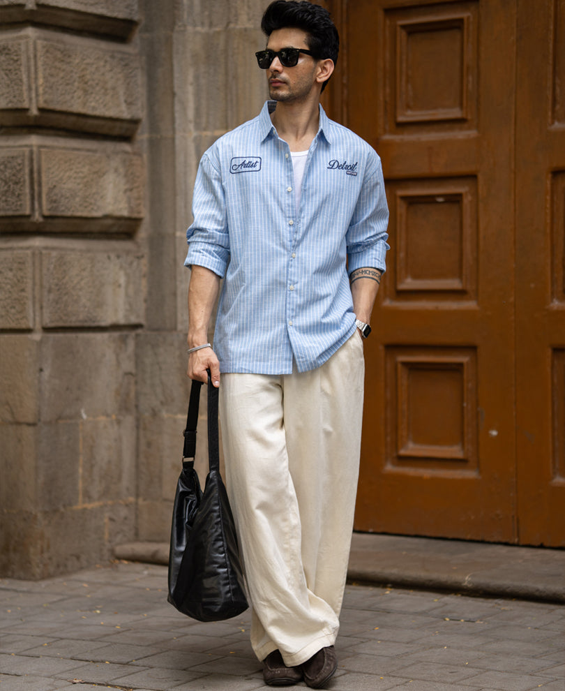Blue Embroidered Stripe Shirt 100% Cotton
