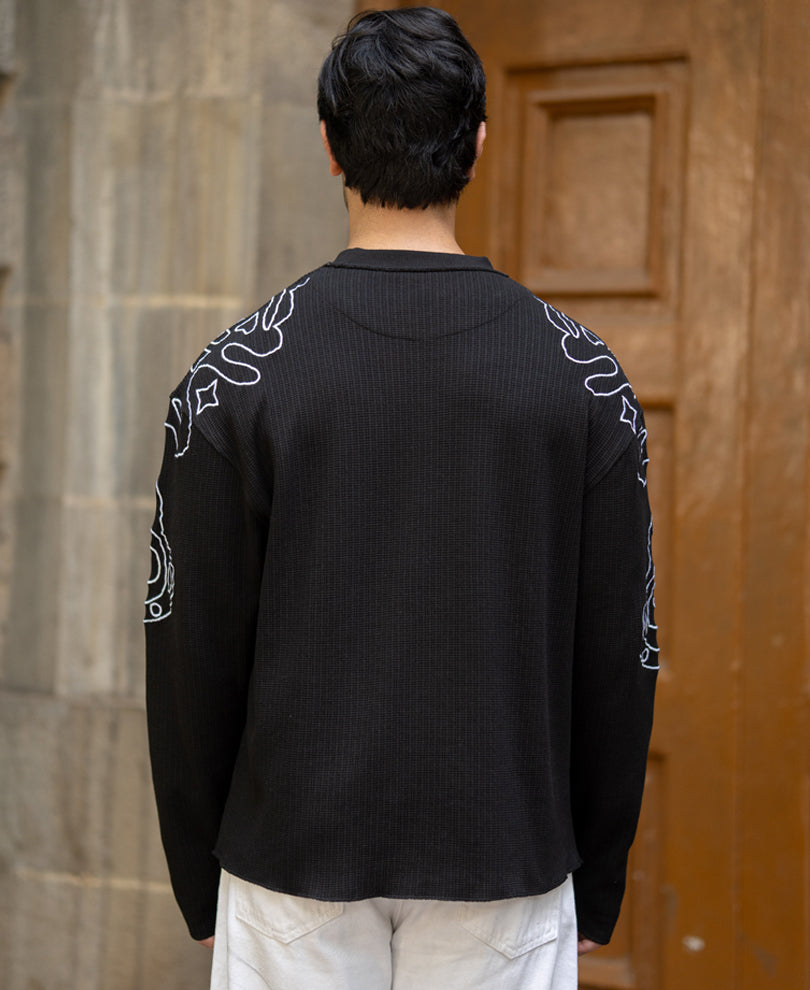 Black Embroidered Structured T-Shirt