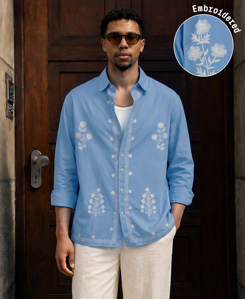 Sky Blue Floral Embroidery Shirt