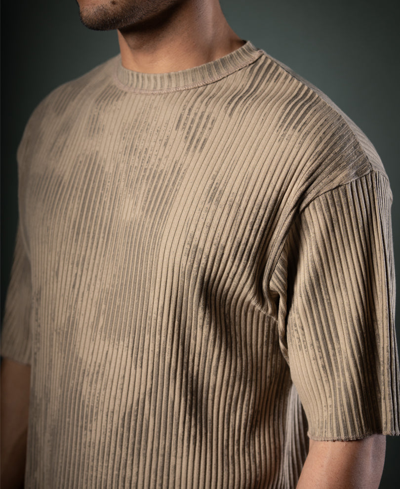Beige Printed Structure Stripe T-Shirt.