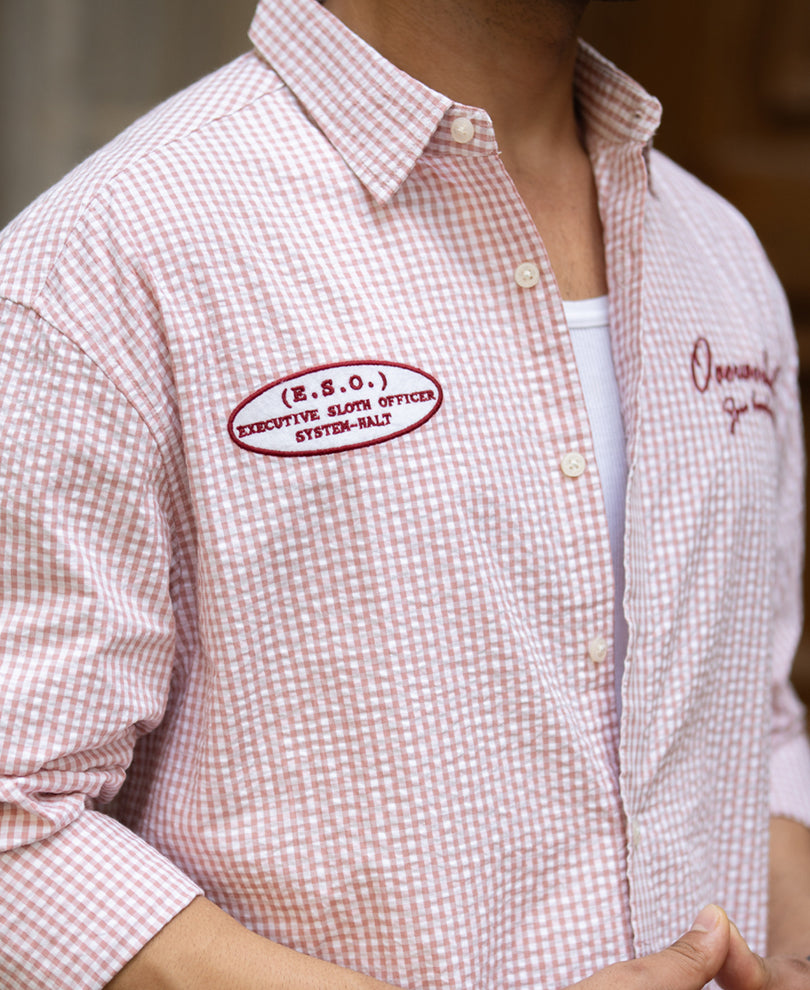 Peach Embroidered Seersucker Check Shirt 100% Cotton