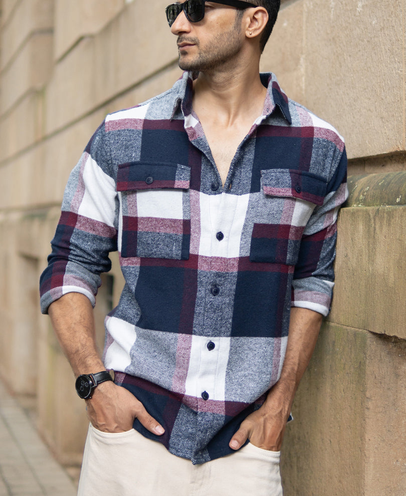 Navy And Wine Flannel Checks Shirt.