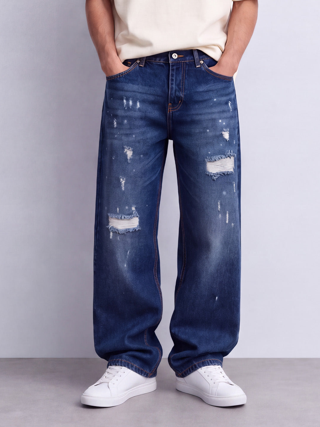 Dark Blue Distressed Baggy Fit Jeans