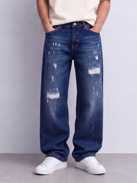 Dark Blue Distressed Baggy Fit Jeans
