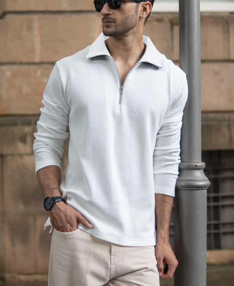 White Structure Zipper T-Shirt.