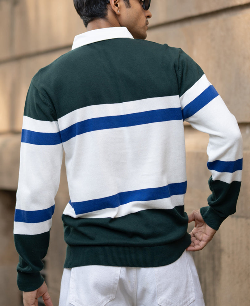 Olive And White Stripe Polo T-Shirt.