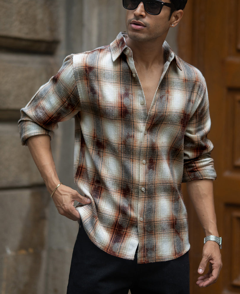 Beige Washed Checks Shirt.