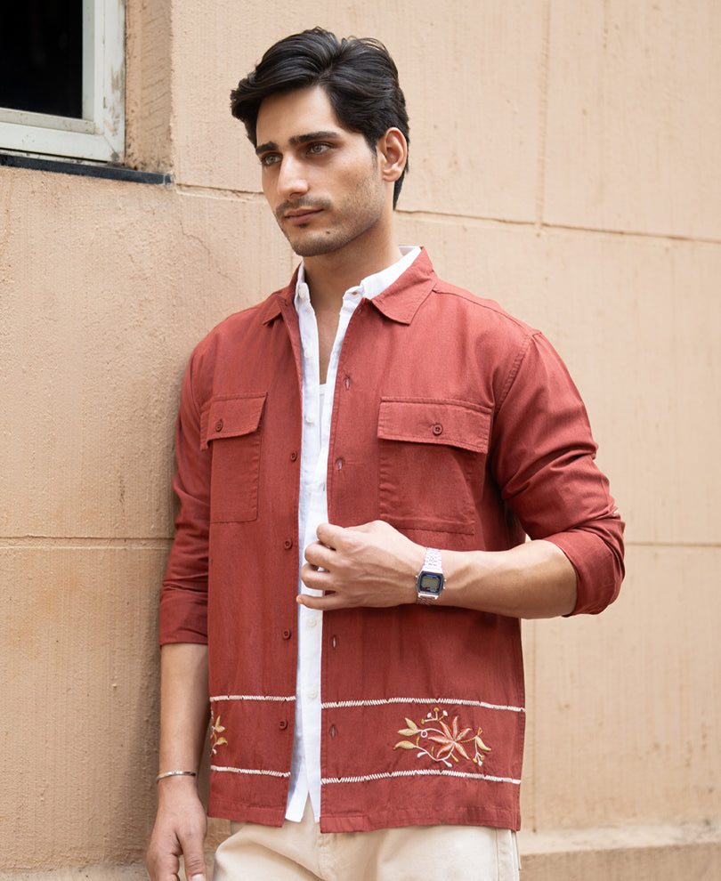 Brick Embroidered Linen Shirt.
