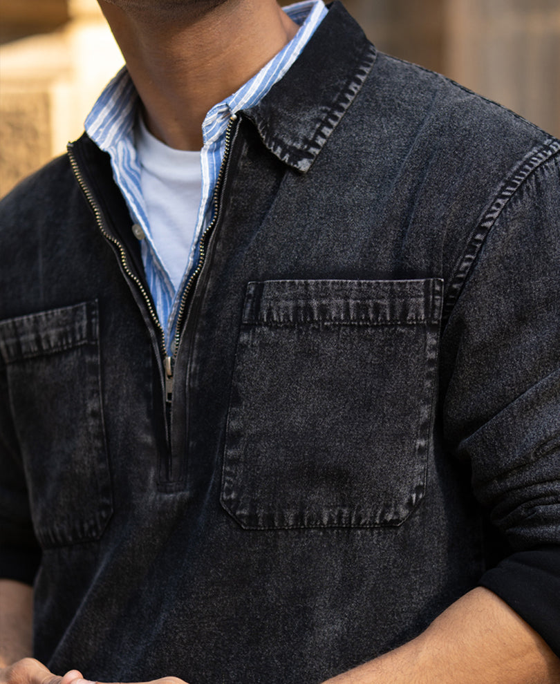 Black Washed Denim Polo Shirt.