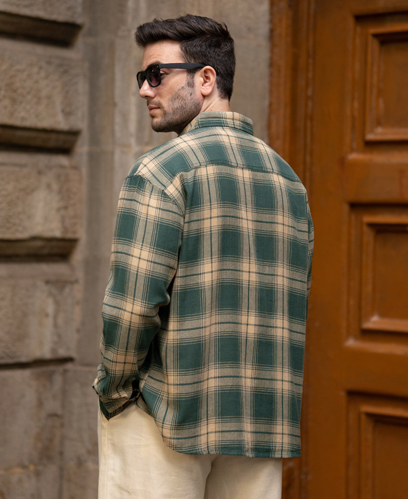 Green Printed Checks Shirt 100% Cotton