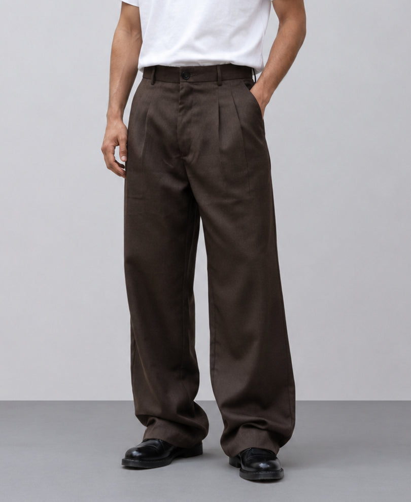 Brown Pleated Baggy Trousers
