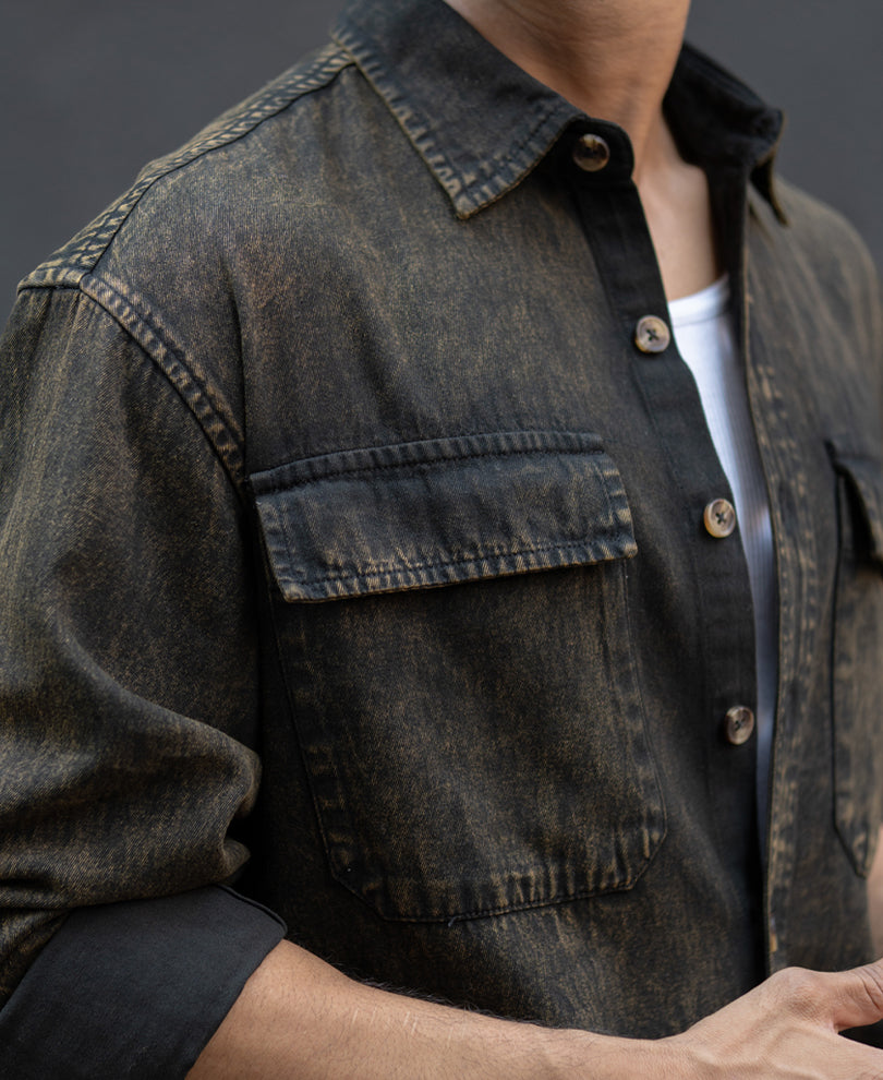 Dark Brown Washed Denim Overshirt.