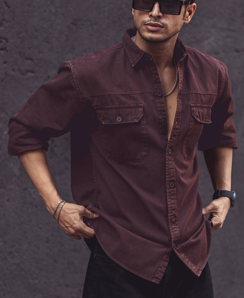 Dark Brown Denim Shacket Full Sleeves Shirt.