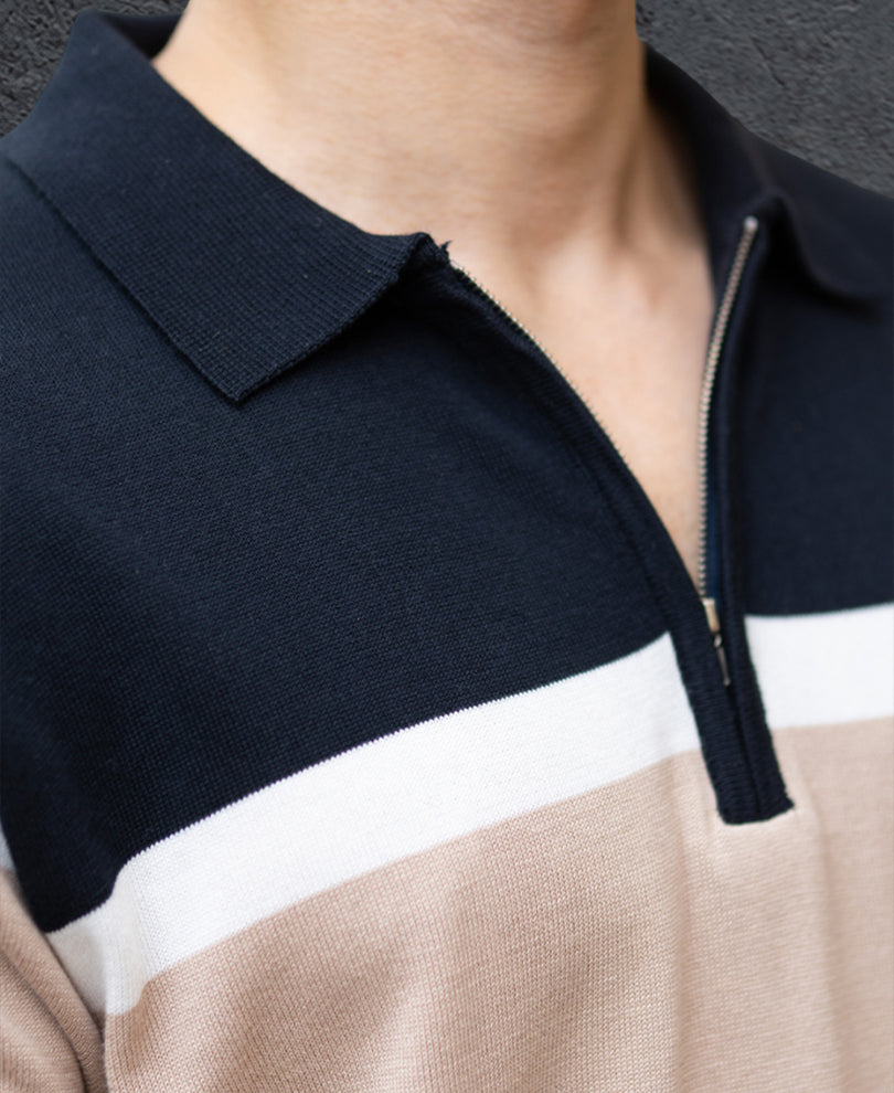 Navy & Beige Knit Stripe T-Shirt.