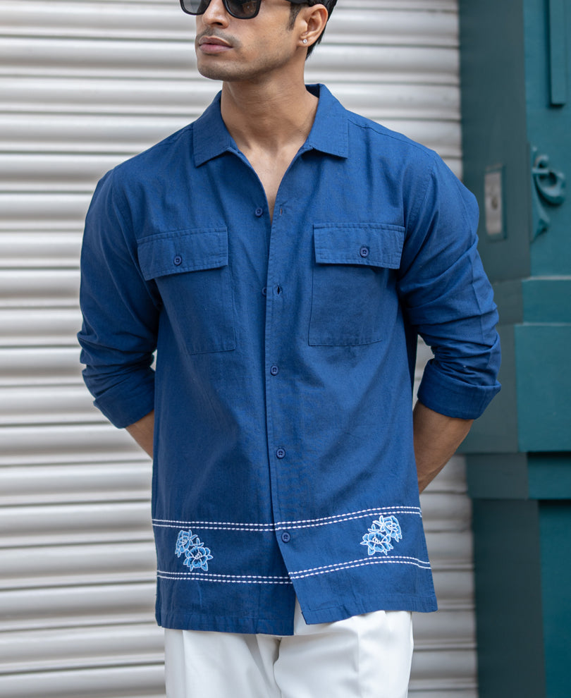 Navy Embroidered Linen Shirt.