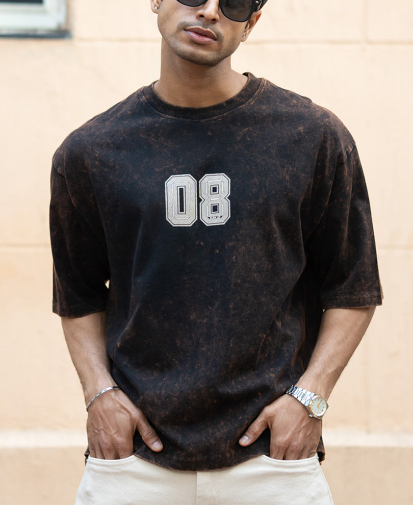 Dark Brown Washed Printed T-Shirt.