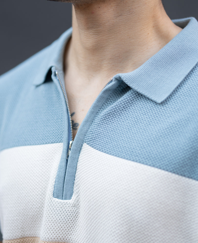 Blue & Beige Stripe Knit T-Shirt.