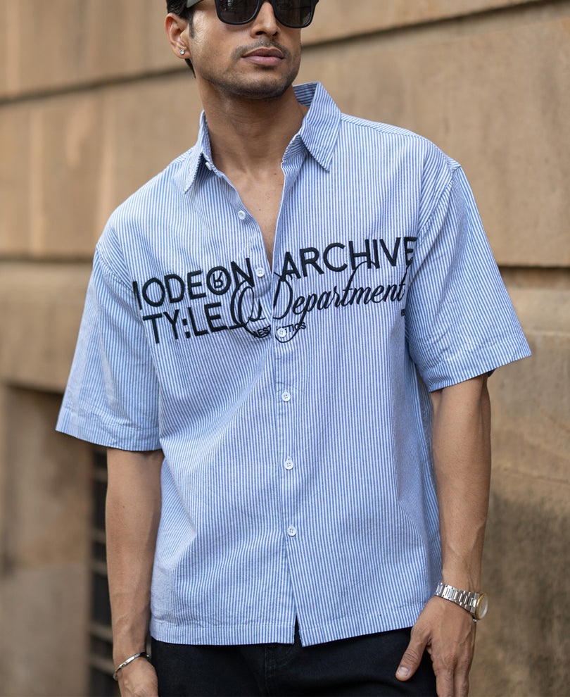 Sky Blue Stripe Embroidered Shirt.