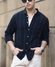 Navy Lightweight Linen Striped Shirt.