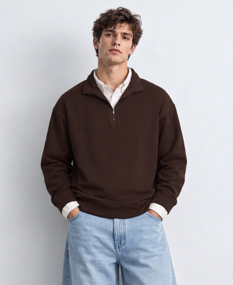 Brown Double Collared Zipper T-Shirt
