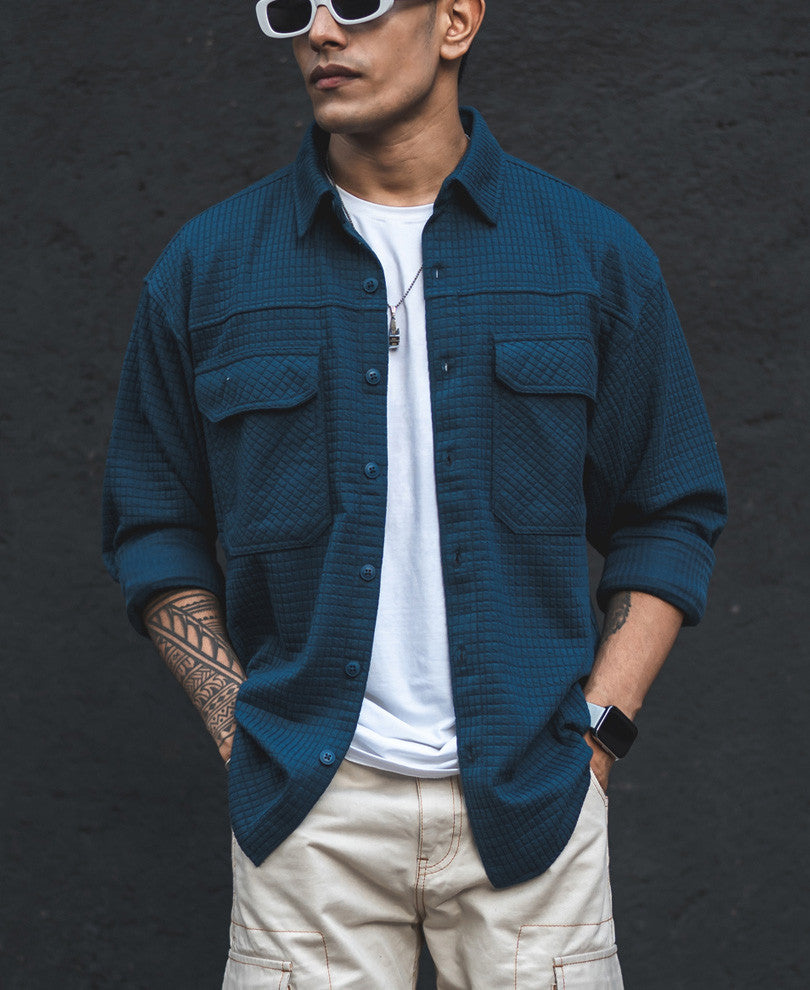 Teal Blue Structured Knit Shacket Oversized Shirt.