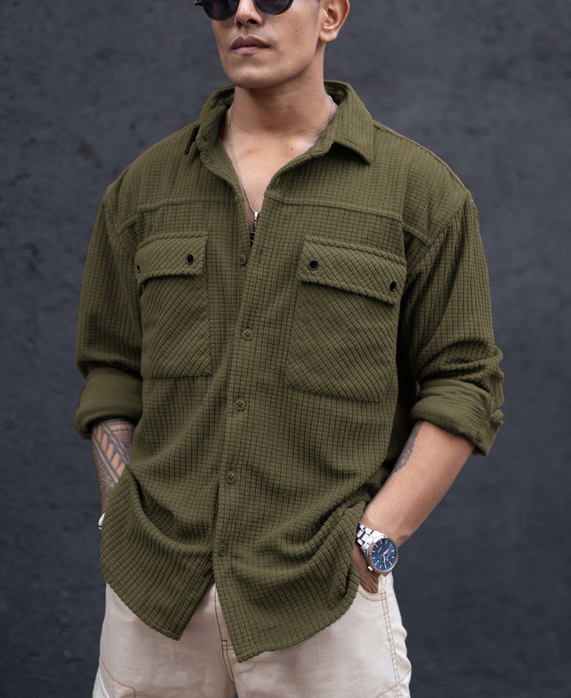 Olive Green Structured Knit Oversized Shirt.