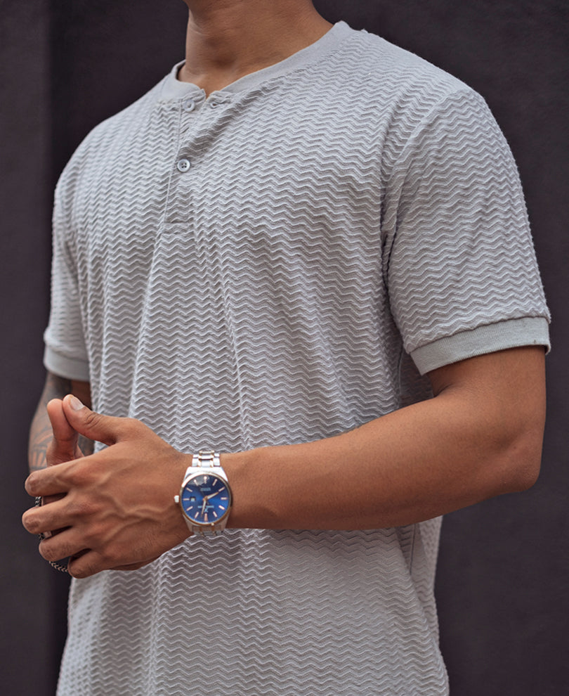 Grey Structured Regular Fit Half Sleeves T Shirt.