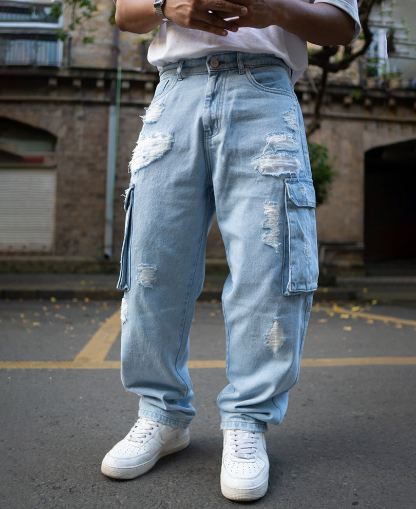 Ice Blue Baggy Fit Distressed Cargo Jeans.