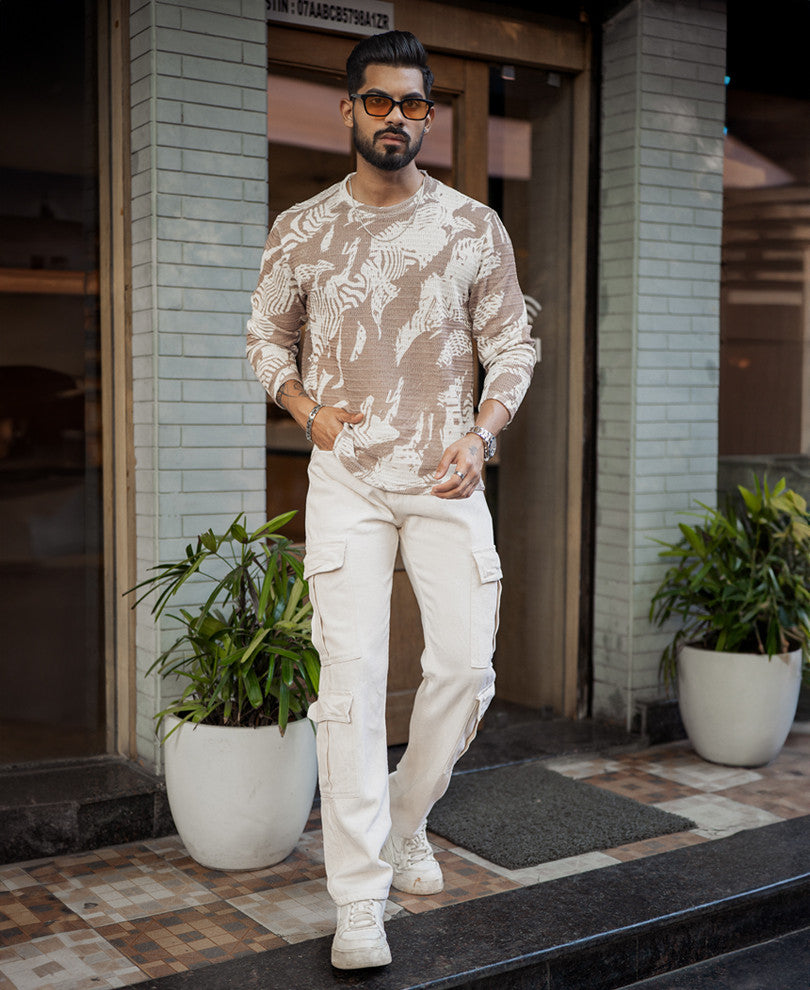 Off-White And Brown Regular Fit Printed Full Sleeves T-Shirt.