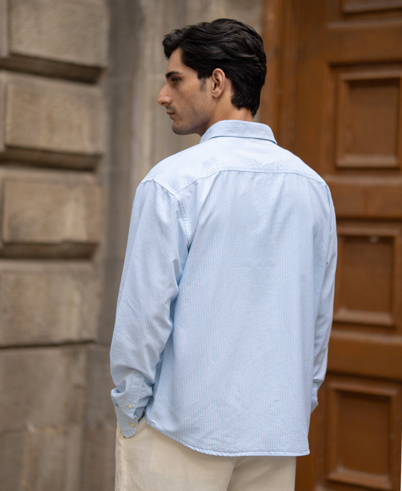 Blue Printed Oxford Stripe Shirt 100% Cotton