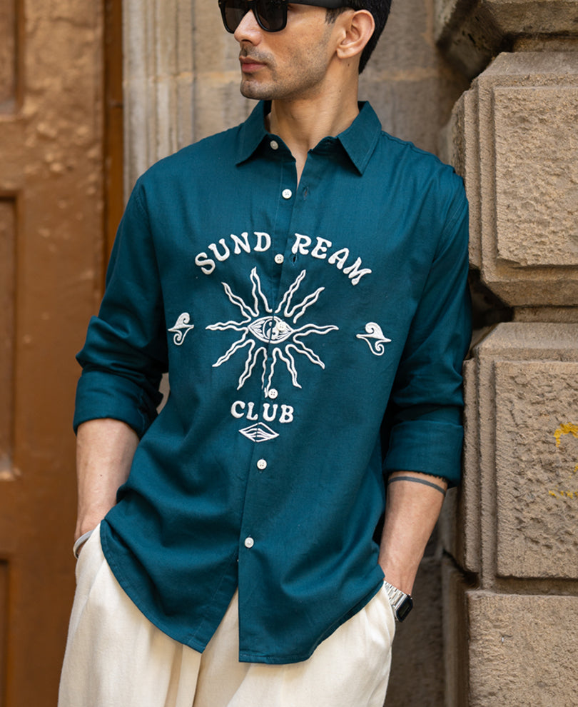 Teal Blue Embroidered Shirt 100% Cotton