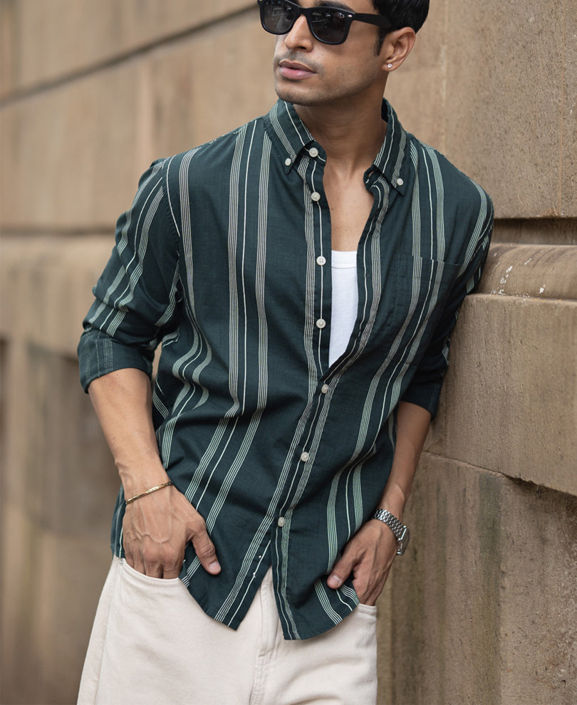 Dark Green Stripped Button Down Shirt.