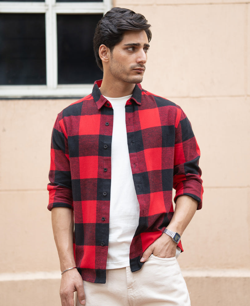 Bright Red Flannel Checks Shirt.
