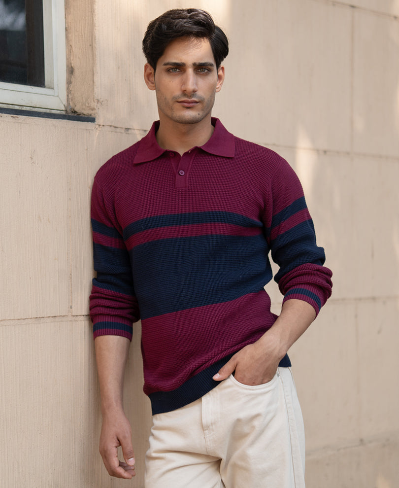 Wine Stripe Knit T-Shirt.